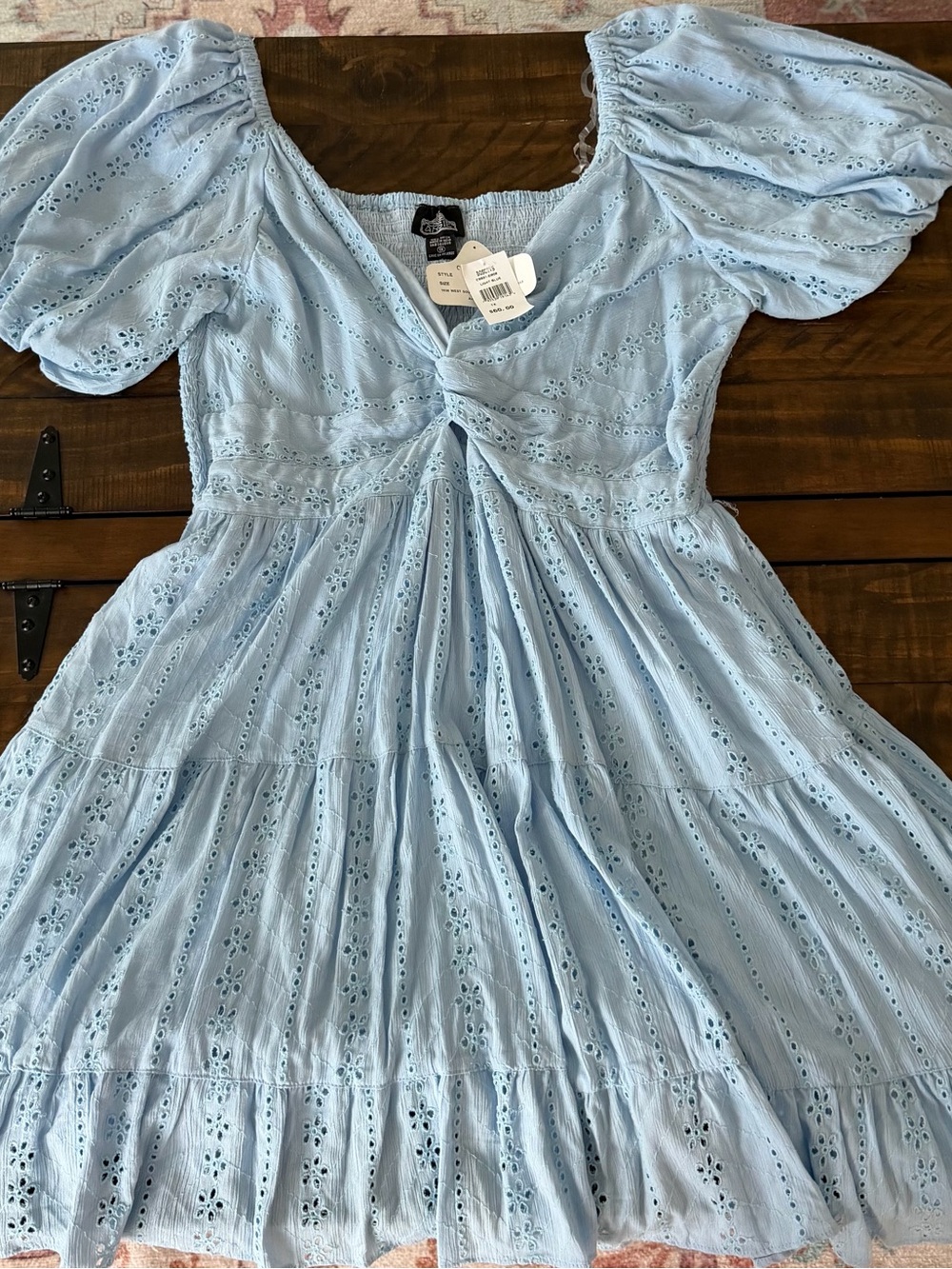 Angie Light Blue Eyelet Midi Dress with Puff Sleeves